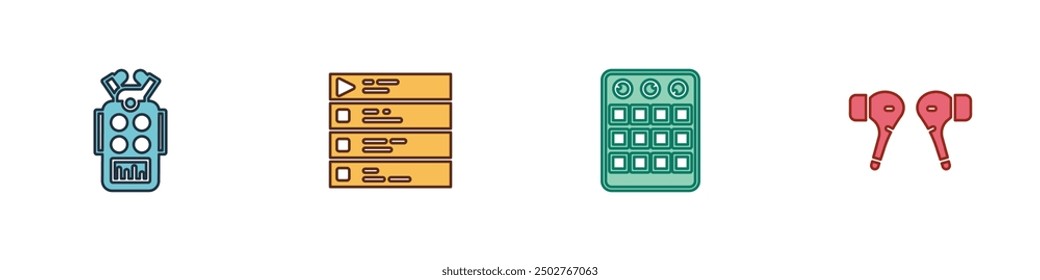 Set Microphone, Music playlist, Drum machine and Air headphones icon. Vector