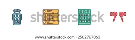 Set Microphone, Music playlist, Drum machine and Air headphones icon. Vector