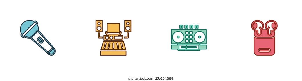 Set Microphone, Music recording studio, DJ remote and mixing music and Air headphones box icon. Vector