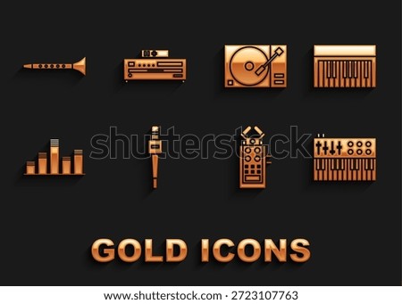 Set Microphone, Music synthesizer, equalizer, Vinyl player with vinyl disk, Clarinet and CD icon. Vector
