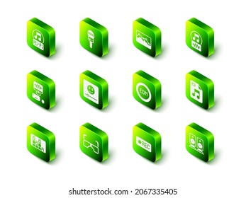 Set Microphone, Music wave equalizer, note, tone, MP3 file document, Stereo speaker, EDM electronic dance music, Record button and Glasses icon. Vector