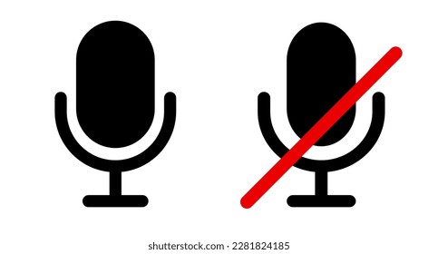 A set of microphone and microphone mute icons. Silent mode for web conferencing. Vector.