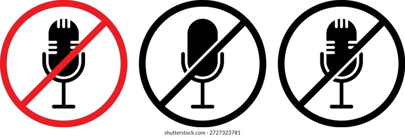 Set of Microphone Mute and No Audio Prohibition Icons in Red Warning and Solid Black Circle Styles