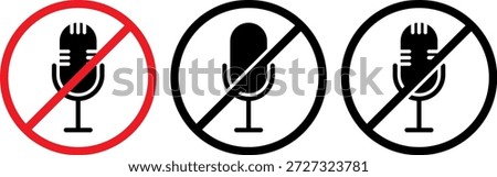 Set of Microphone Mute and No Audio Prohibition Icons in Red Warning and Solid Black Circle Styles