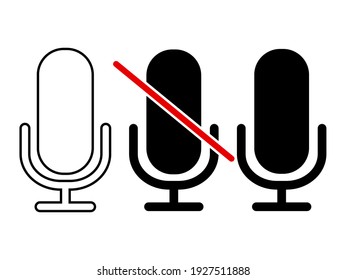 Set of microphone on and crossed out icon. Included icon.Microphone button disabled.Do not speak.Black microphone isolated on white background. Voice recorder on, off.Sound mic and mute mic.