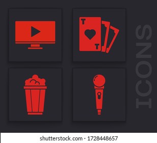 Set Microphone, Online play video, Playing card with heart symbol and Popcorn in cardboard box icon. Vector