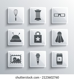 Set Microphone, Online play video, Badminton shuttlecock, Paper shopping bag, Postal stamp, Needle bed and needles, Kitchen whisk and Cinema glasses icon. Vector