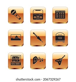 Set Microphone, Oscilloscope, Ear listen sound signal, Audio jack, Music wave equalizer, Drum machine, Electric bass guitar and Home stereo with speakers icon. Vector