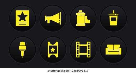 Set Microphone, Paper glass with water, Cinema ticket, Play Video, Camera film roll cartridge, Megaphone, chair and Hollywood walk of fame star icon. Vector