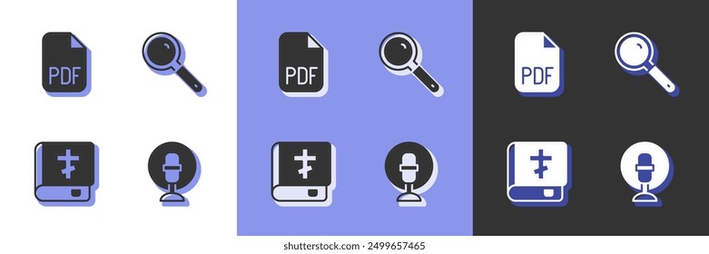 Set Microphone, PDF file document, Holy bible book and Magnifying glass icon. Vector