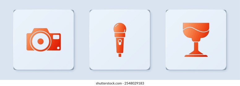 Set Microphone, Photo camera and Cocktail. White square button. Vector