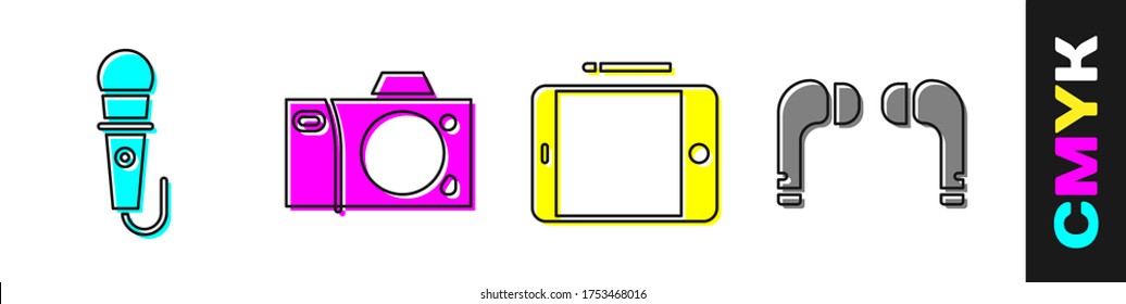 Set Microphone, Photo camera, Graphic tablet and Air headphones icon. Vector