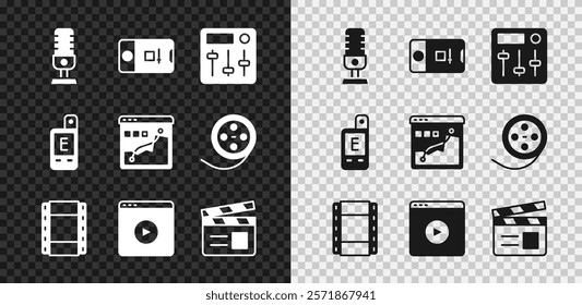 Set Microphone, Photo and video shooting, Sound mixer controller, Play Video, Online play, Movie clapper, Light meter and Histogram graph photography icon. Vector