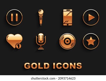 Set Microphone, Play in circle, Star, Vinyl disk, Like and heart, Smartphone, mobile, Pause button and  icon. Vector