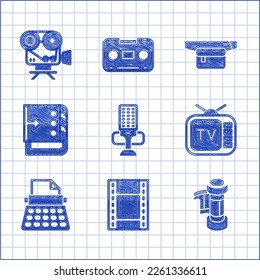 Set Microphone, Play Video, Camera roll cartridge, Retro tv, typewriter, Sound mixer controller, Waist bag of banana and cinema camera icon. Vector