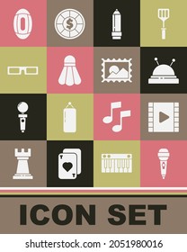 Set Microphone, Play Video, Needle bed and needles, Pencil with eraser, Badminton shuttlecock, Cinema glasses, American Football ball and Postal stamp icon. Vector