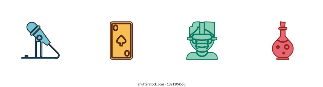 Set Microphone, Playing card with diamonds, Virtual reality glasses and Bottle magic elixir icon. Vector.