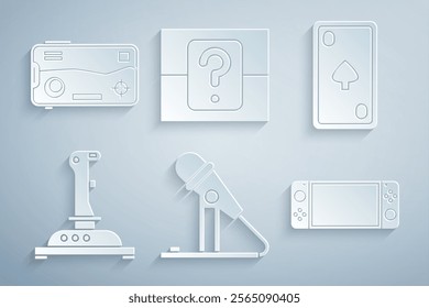 Set Microphone, Playing card with diamonds, Joystick for arcade machine, Portable video game console, Mystery random box and Mobile playing icon. Vector