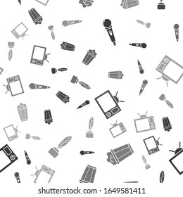 Set Microphone, Popcorn in cardboard box, Television and Feather and inkwell on seamless pattern. Vector