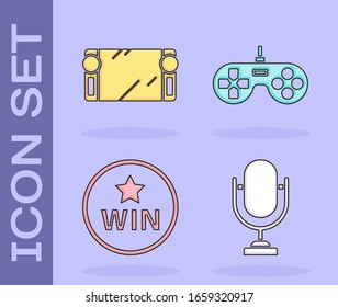 Set Microphone, Portable video game console, Medal and Gamepad icon. Vector