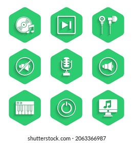 Set Microphone, Power button, Computer with music note, Speaker volume, Music synthesizer, mute, Air headphones and Vinyl disk icon. Vector