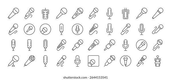 Conjunto de ícones de linha relacionados ao microfone. Outline Signs para Gráficos e Web Design, Apps, Anúncios, Vários Cartões 