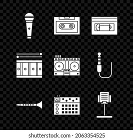 Set Microphone, Retro audio cassette tape, VHS video, Clarinet, Drum machine, Music stand, with drum sticks and DJ remote for playing mixing music icon. Vector