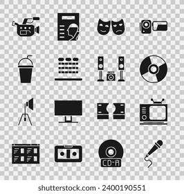 Set Microphone, Retro tv, CD or DVD disk, Comedy and tragedy masks, Cinema auditorium with seats, Paper glass straw, camera and Home stereo two speakers icon. Vector