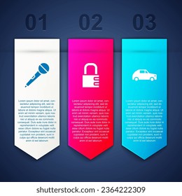 Ajuste el micrófono, el bloqueo combinado de seguridad y el coche. Plantilla de infografía empresarial. Vector