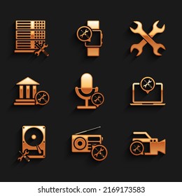 Set Microphone service, Radio, Video camera, Laptop, Hard disk drive, Bank building, Crossed wrenchs and Database server icon. Vector