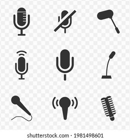 Set Of Microphone Simple Vector Icons In Dark Color And Transparent Background(png). Vector Illustration.