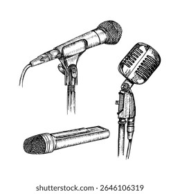 Um conjunto de ilustrações de esboços de microfone. Desenhos em contorno em estilo de gravação. Cliparts vetor desenhado à mão de um microfone, concerto, podcast, conceito de apresentação