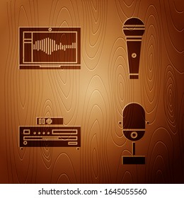 Set Microphone, Sound or audio recorder on laptop, Music CD player and Microphone on wooden background. Vector