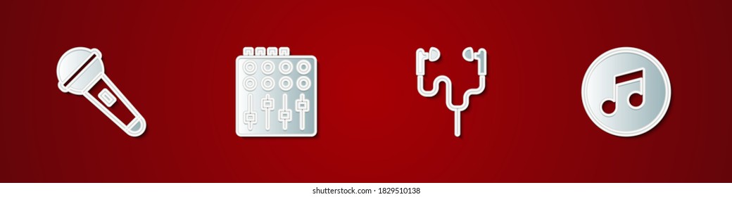 Set Microphone, Sound mixer controller, Air headphones and Music note, tone icon. Vector.