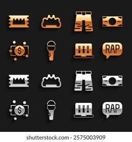 Set Microphone, Stacks paper money cash, Rap music, Sound or audio recorder, Wide pants, Concert ticket and Brass knuckles icon. Vector