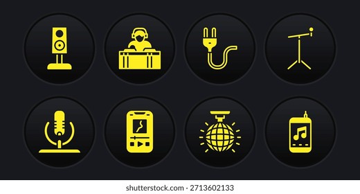 Definir microfone, com suporte, player de música, Disco ball, plugue elétrico, DJ tocando música e ícone de alto-falante estéreo. Vetor