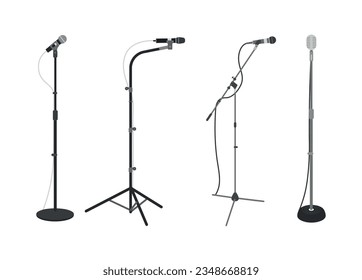 Set of microphone stands in cartoon style. Vector illustration of various microphone tripods and round stands with wire isolated on white. Black and vintage microphones for singers and performers.