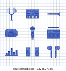 Set Microphone, Stereo speaker, Air headphones, Home stereo with two speakers, Music equalizer, tape player, Clarinet and Musical tuning fork icon. Vector