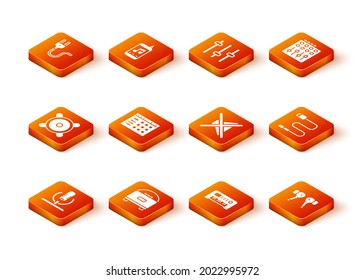 Set Microphone, Stereo speaker, Drum machine, Music synthesizer, Speaker mute, Air headphones and Audio jack icon. Vector
