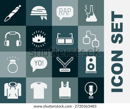 Set Microphone, Stereo speaker, Handcuffs, Rap music, King crown, Headphones, Marijuana joint, spliff and Glasses icon. Vector