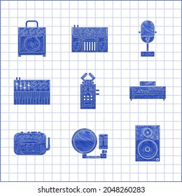 Set Microphone, Stereo speaker, Music CD player, tape, synthesizer,  and Guitar amplifier icon. Vector