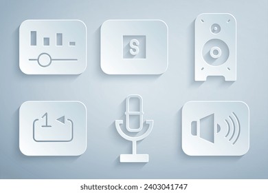 Set Microphone, Stereo speaker, Repeat track music player, Speaker volume, Stop media button and Music equalizer icon. Vector