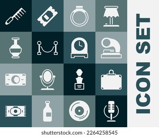 Set Microphone, Suitcase, Old gramophone, Gold ring, Rope barrier, Ancient amphorae, Hairbrush and Antique clock icon. Vector