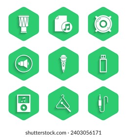 Set Microphone, Triangle musical instrument, Audio jack, USB flash drive, Music player, Speaker volume, Stereo speaker and Drum icon. Vector