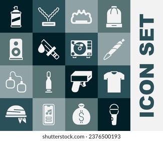 Set Microphone, T-shirt, Marijuana joint, spliff, Brass knuckles, Bloody knife, Stereo speaker, Paint spray can and Vinyl player with vinyl disk icon. Vector
