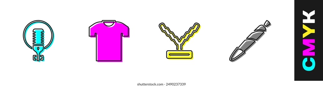 Set Micrófono, camiseta, cadena de rapero y marihuana junta, icono de spliff. Vector