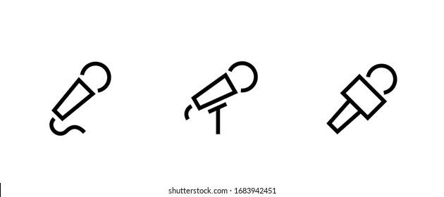 Set of Microphone types icons. Editable line vector. Modern model of sound amplification recording with a cord, on a stand and a rectangular channel logo.
