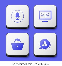 Set Microphone, Video chat conference, Freelancer and Speech bubble icon. White square button. Vector
