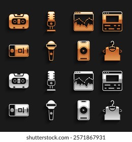 Set Microphone, Video recorder laptop, Sleeveless T-shirt, Online play video, Photo and shooting, Music wave equalizer, Retro audio cassette tape and  icon. Vector