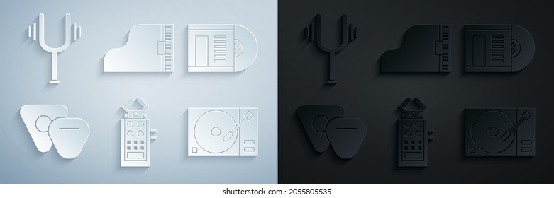 Set Microphone, Vinyl disk, Guitar pick, player with vinyl, Grand piano and Musical tuning fork icon. Vector